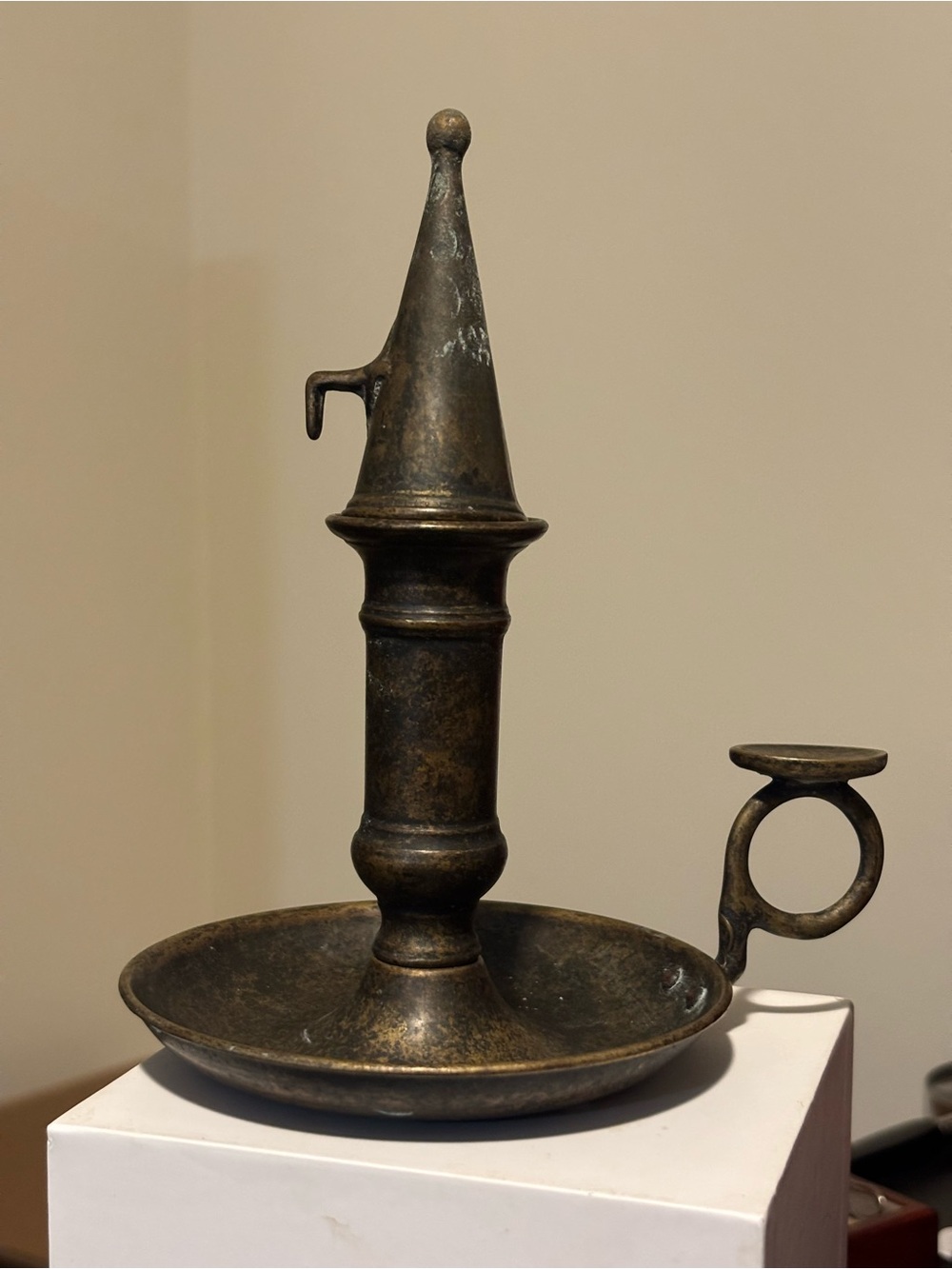Vintage Made in Italy Brass Chamberstick Candle Holder w/ Snuffer – Aged Patina
